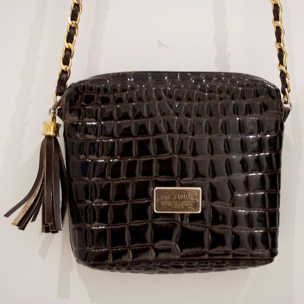 DUE FRATELLI - Black Glossy Croc Embossed Leather Shoulder Bag Purse